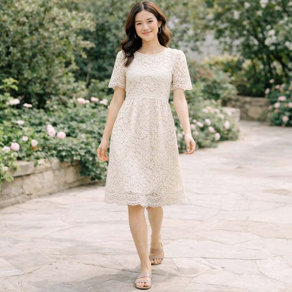Mikarose Cream Lace Midi Dress Modest Short Sleeve Boho Cottage XS